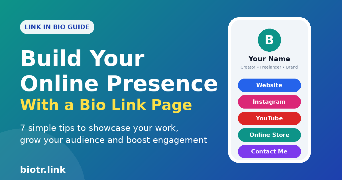 Bio link page connecting social media profiles, website and portfolio in one link